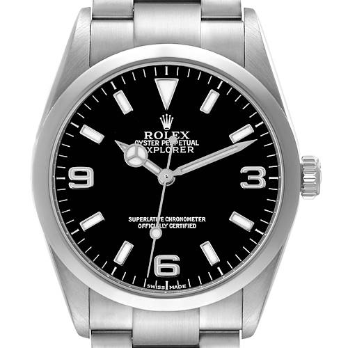 The Rolex Explorer watch is shown front-facing, highlighting the dial, bezel, crown, and bracelet.